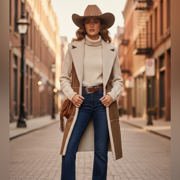 MARELLA Faux Suede & Shearling Long Vest - Brown & Cream - Designer - Picture 2 of 9